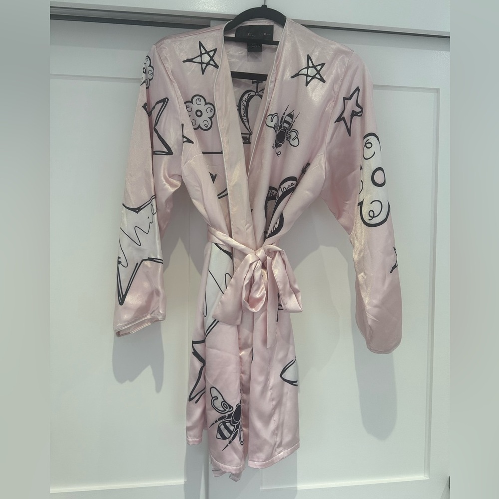 Pink Satin Robe with Black Star Print